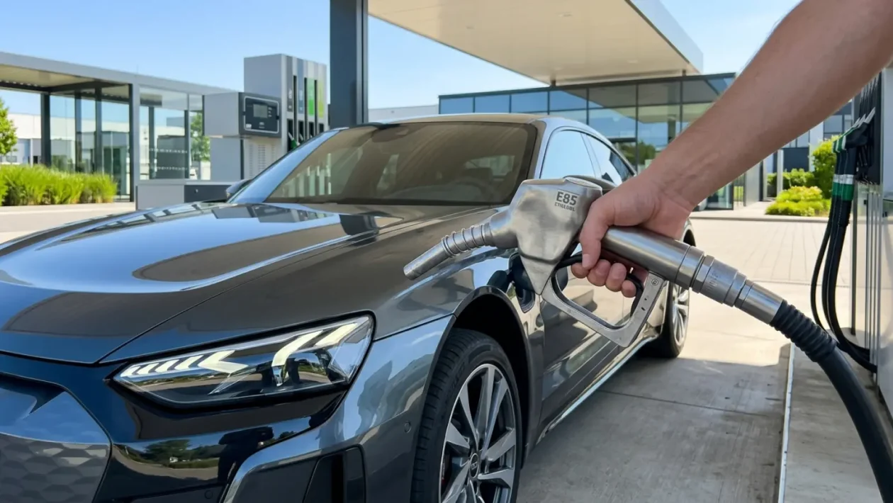 Autoilija tankkaamassa E85-etanolia huoltoasemalla Suomessa.