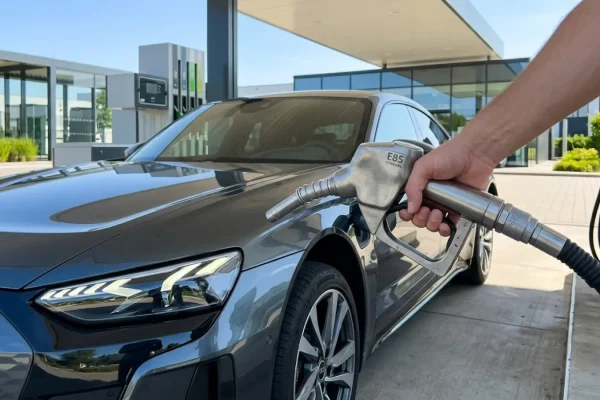 Autoilija tankkaamassa E85-etanolia huoltoasemalla Suomessa.