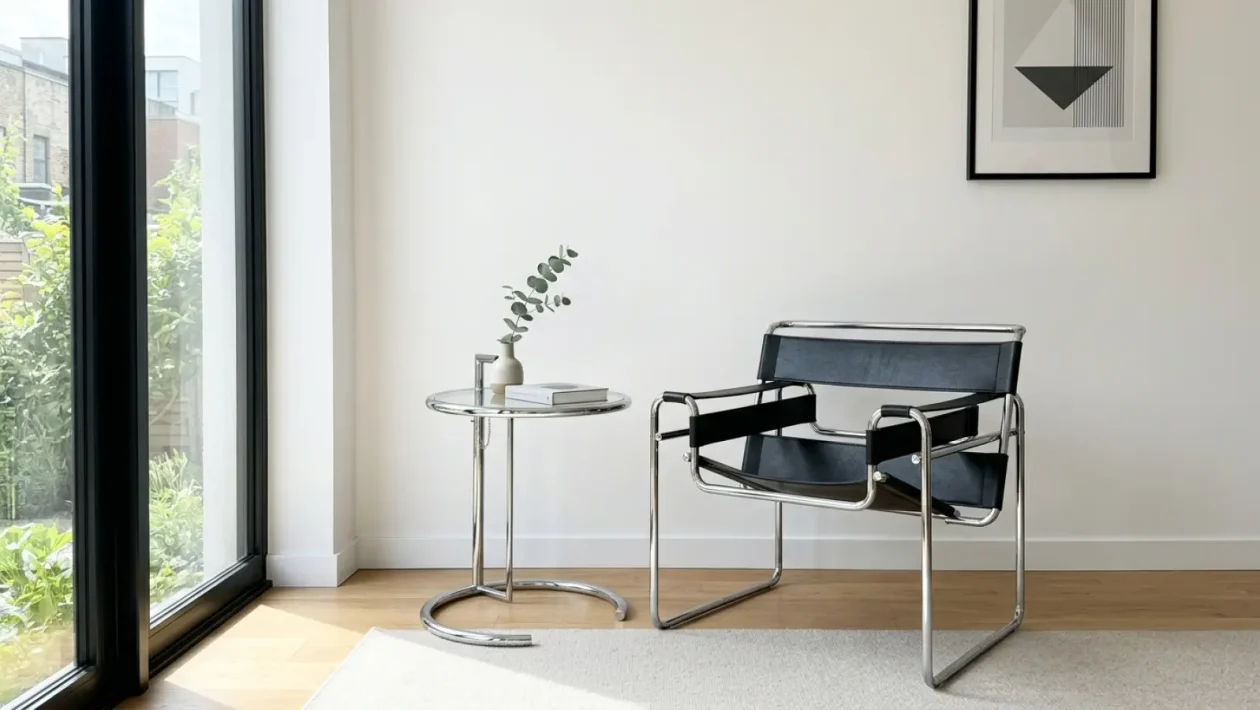 Moderni minimalistinen olohuone Bauhaus-tyylisillä teräsputkihuonekaluilla.
