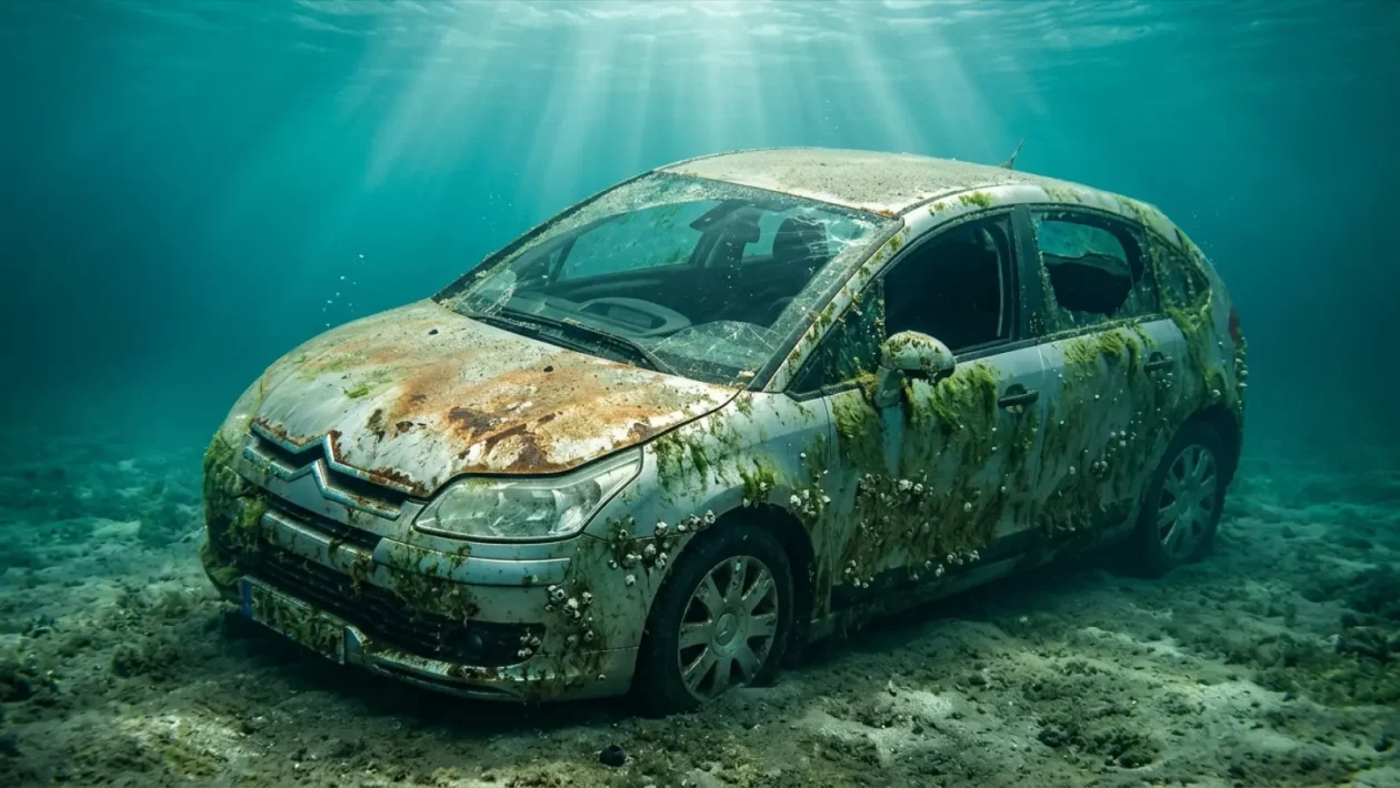 Tumma Citroen-henkilöauto merenpohjassa sameassa vedessä.