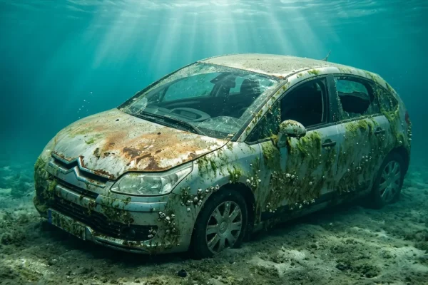 Tumma Citroen-henkilöauto merenpohjassa sameassa vedessä.