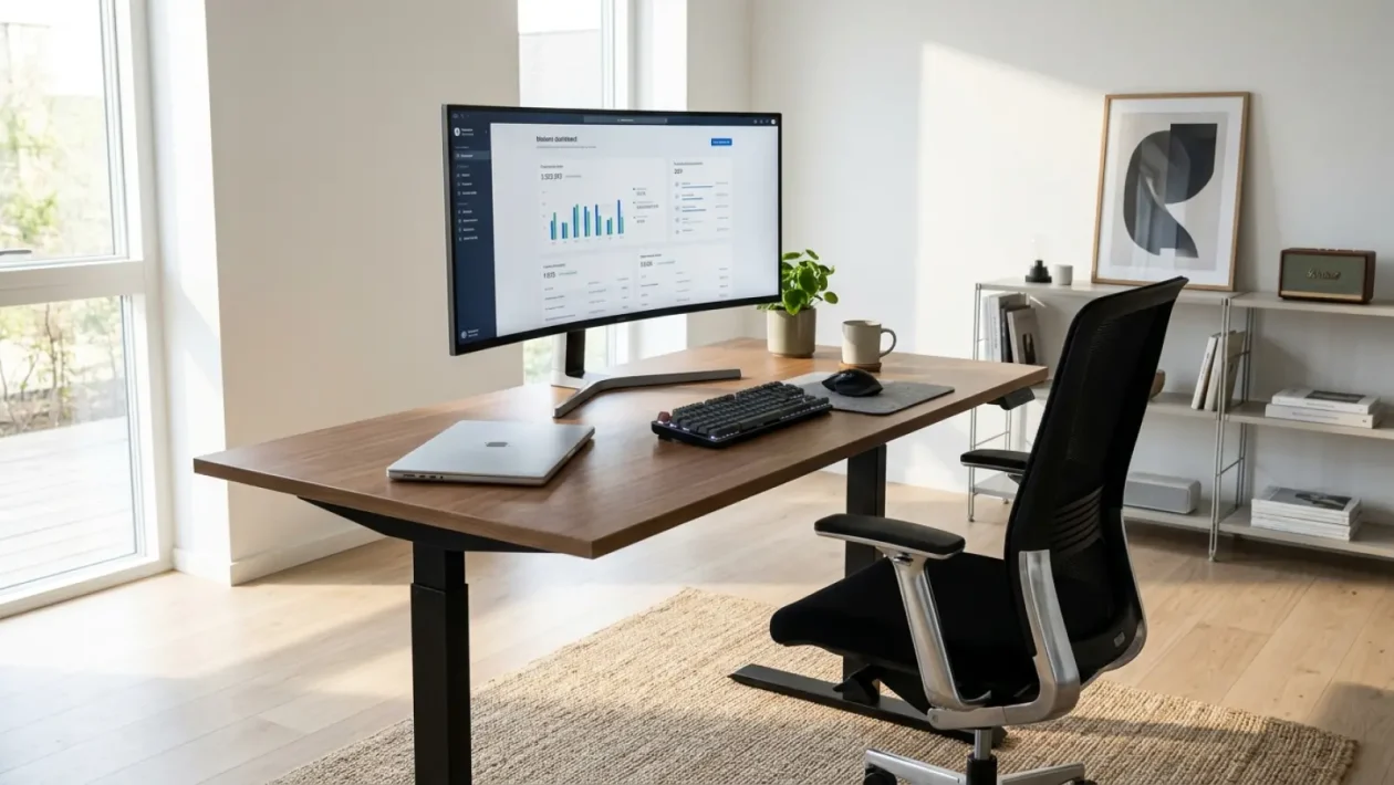 Ihminen työskentelee kotitoimistossa kannettavalla tietokoneella ja ergonomisella työpöydällä.