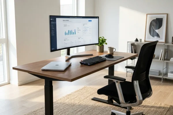Ihminen työskentelee kotitoimistossa kannettavalla tietokoneella ja ergonomisella työpöydällä.