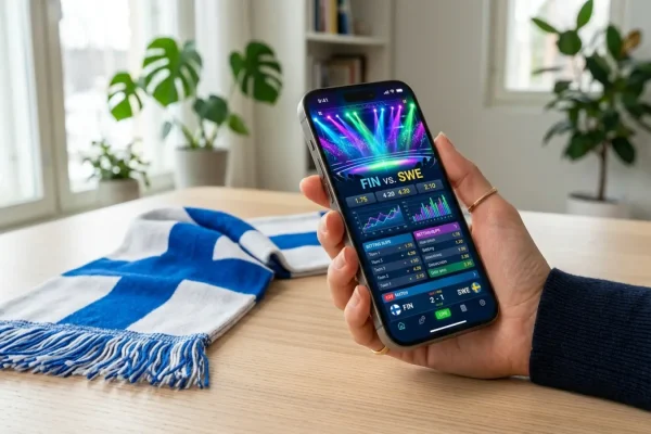 Euroviisut 2026 ja vedonlyöntisovellus puhelimessa.