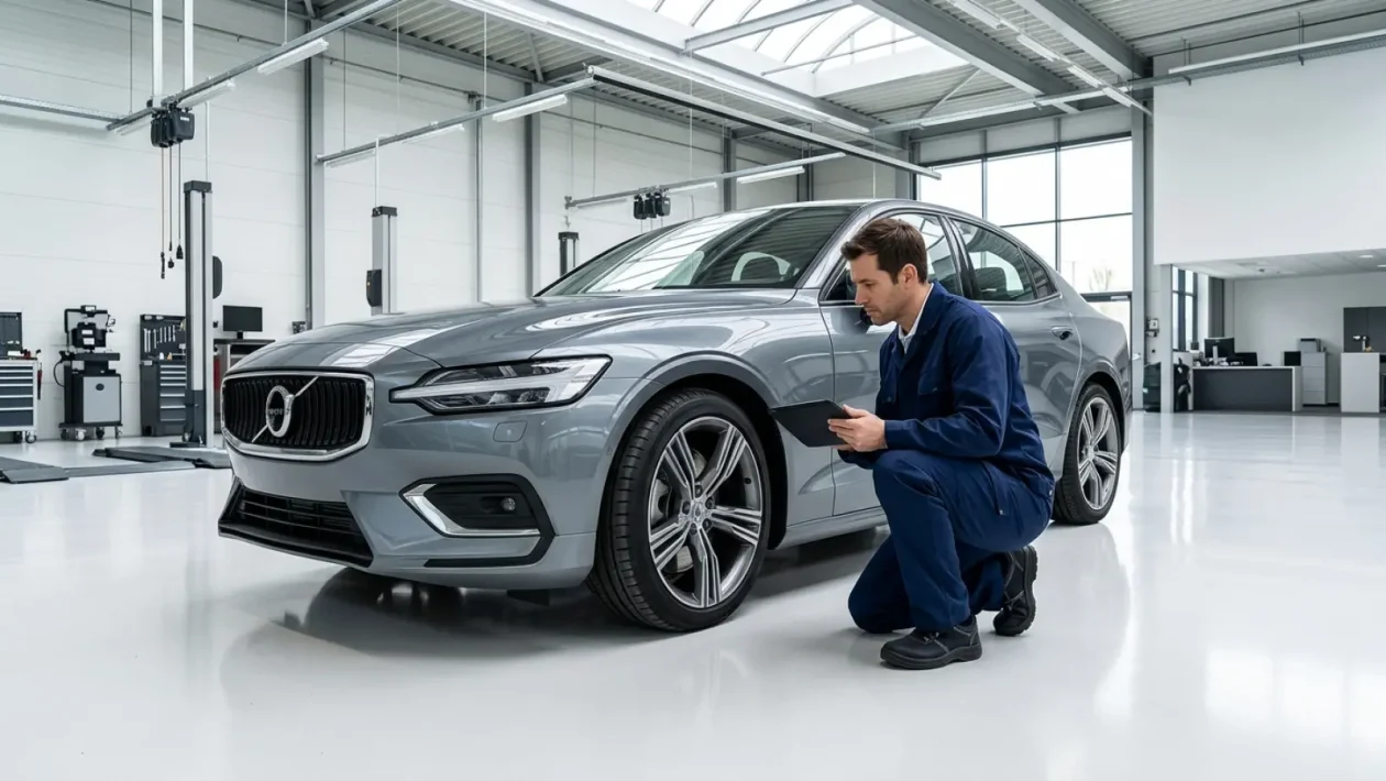 Auto katsastuksessa nosturilla tarkastuksessa.