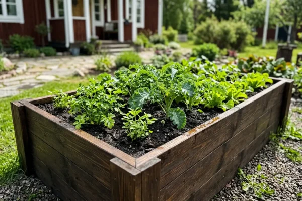 Musta puinen istutuslaatikko vehreässä puutarhassa keväällä.