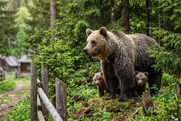 Karhuemo ja kaksi pientä poikasta suomalaisessa havumetsässä toukokuussa.