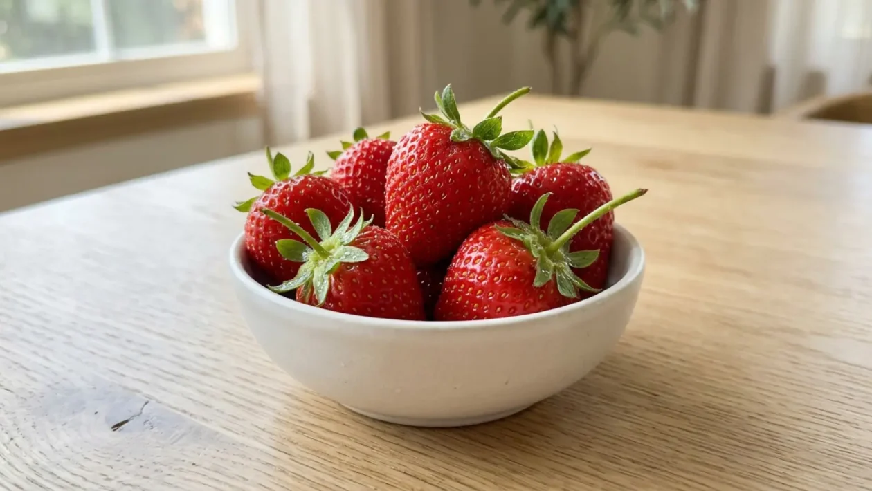Lähikuva tuoreista suomalaisista mansikoista.