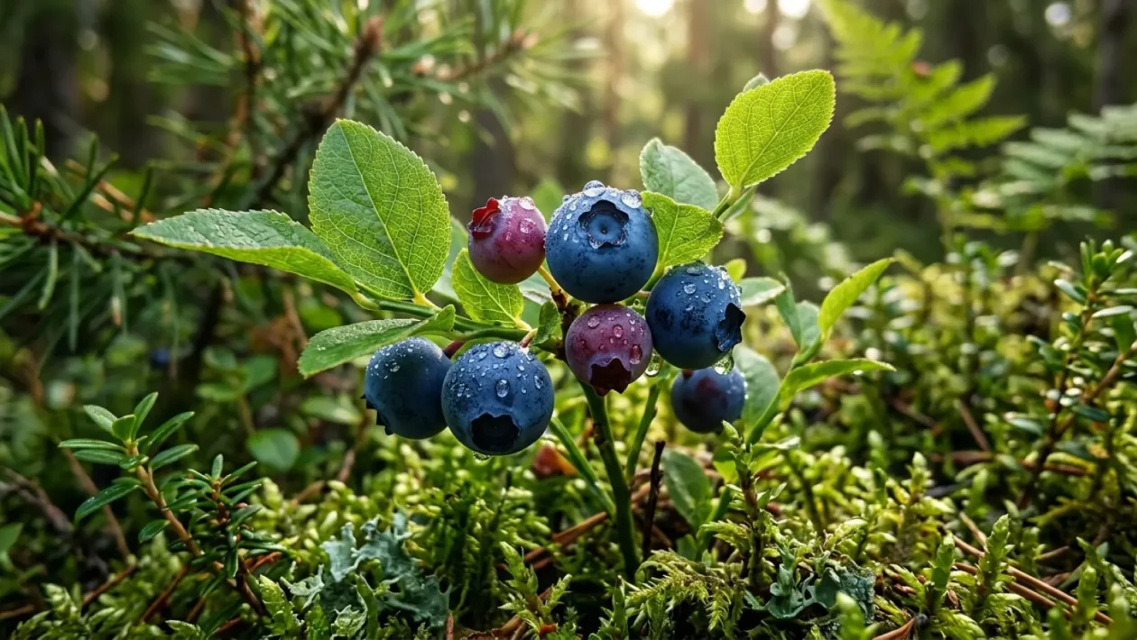 Kypsiä metsämustikoita mättäällä Suomen kesässä.