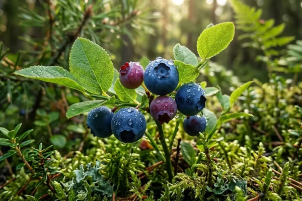 Kypsiä metsämustikoita mättäällä Suomen kesässä.