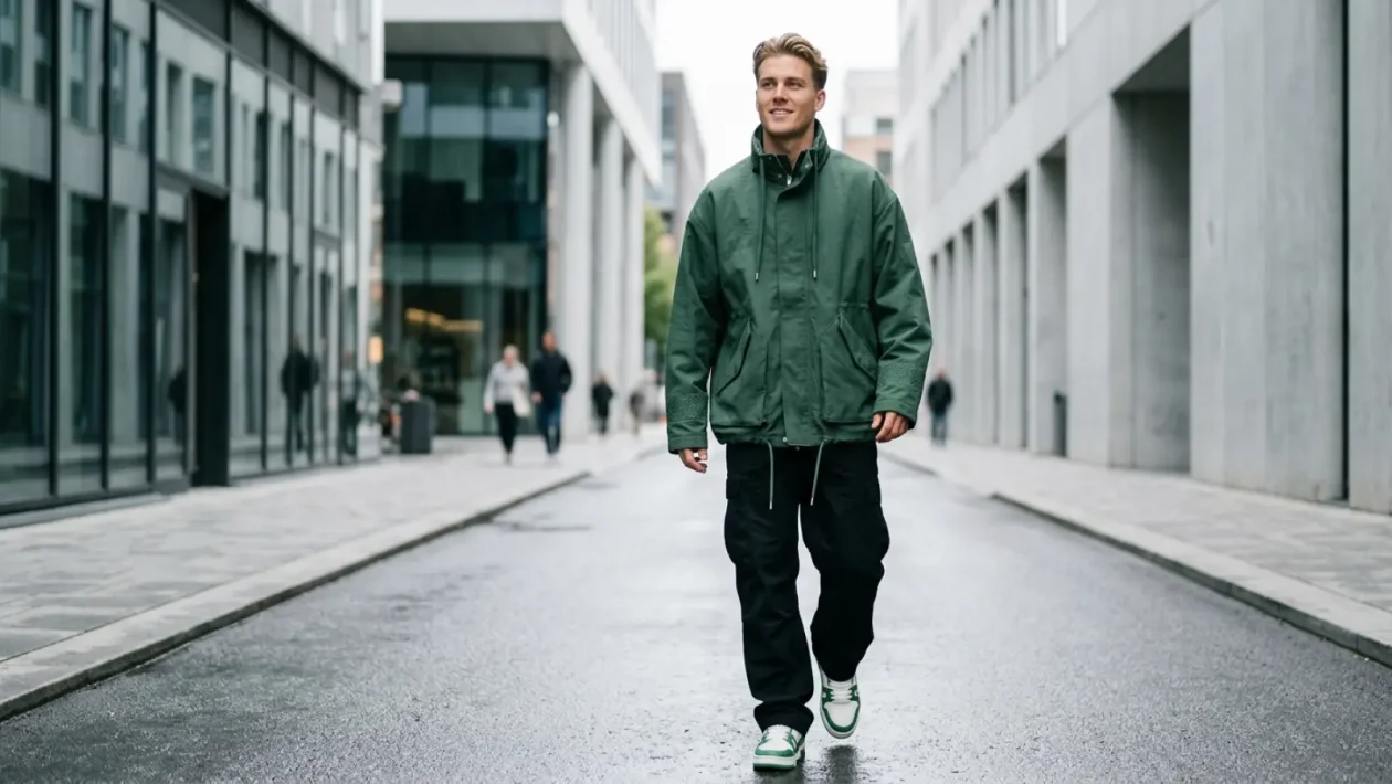 Isac Elliot pukeutuneena kevään 2026 trendikkääseen vihreään takkiin Helsingissä.