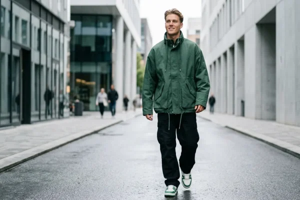 Isac Elliot pukeutuneena kevään 2026 trendikkääseen vihreään takkiin Helsingissä.