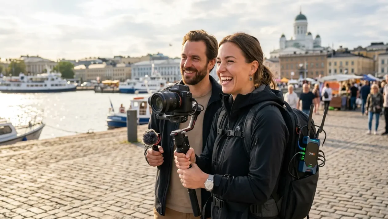 IRL-striimaaja varusteineen Helsingin kadulla toukokuussa.