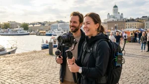 IRL-striimaaja varusteineen Helsingin kadulla toukokuussa.