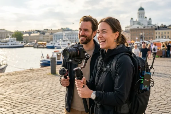 IRL-striimaaja varusteineen Helsingin kadulla toukokuussa.