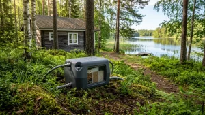 Edullinen harmaavesisuodatin asennettuna kesämökille rantamaisemassa.
