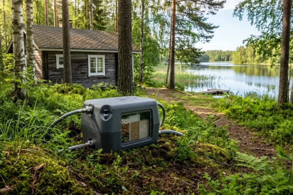 Edullinen harmaavesisuodatin asennettuna kesämökille rantamaisemassa.