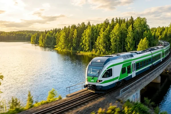 VR:n kaukoliikenteen juna laiturilla kesäisessä Suomessa.
