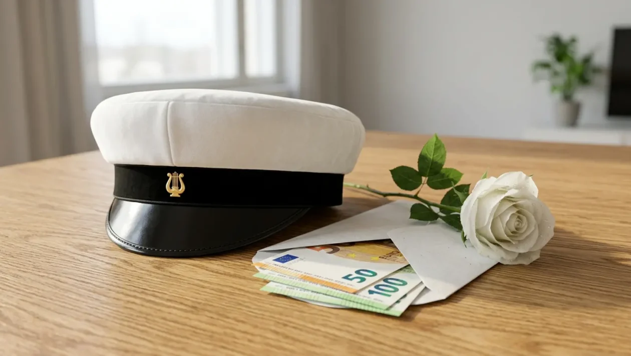 Ylioppilaslakki ja valkoinen lahjakuori pöydällä.
