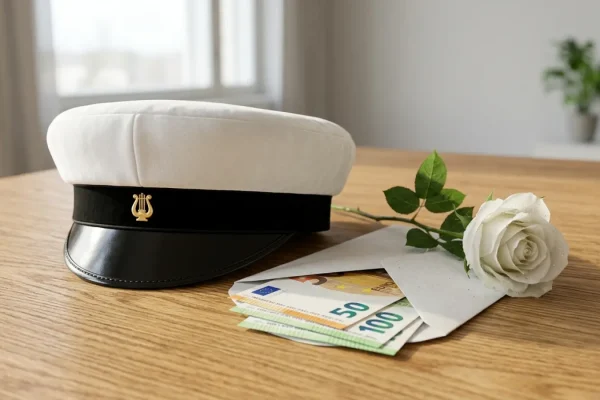 Ylioppilaslakki ja valkoinen lahjakuori pöydällä.