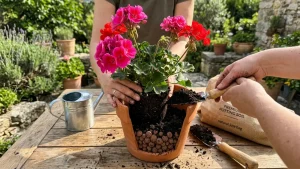 Pelargonian istutus ruukkuun parvekkeelle.