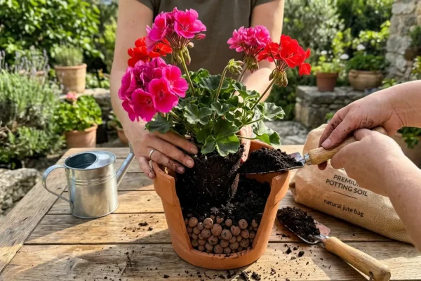 Pelargonian istutus ruukkuun parvekkeelle.