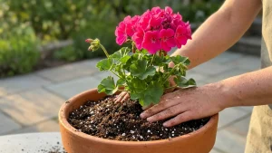 Pelargonian istuttaminen ilmavaan multaseokseen.