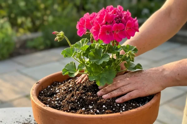 Pelargonian istuttaminen ilmavaan multaseokseen.