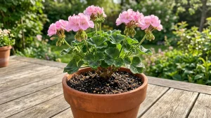 Punaisia pelargonioita Tokmannin puutarhaosastolla keväällä.
