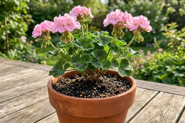 Punaisia pelargonioita Tokmannin puutarhaosastolla keväällä.