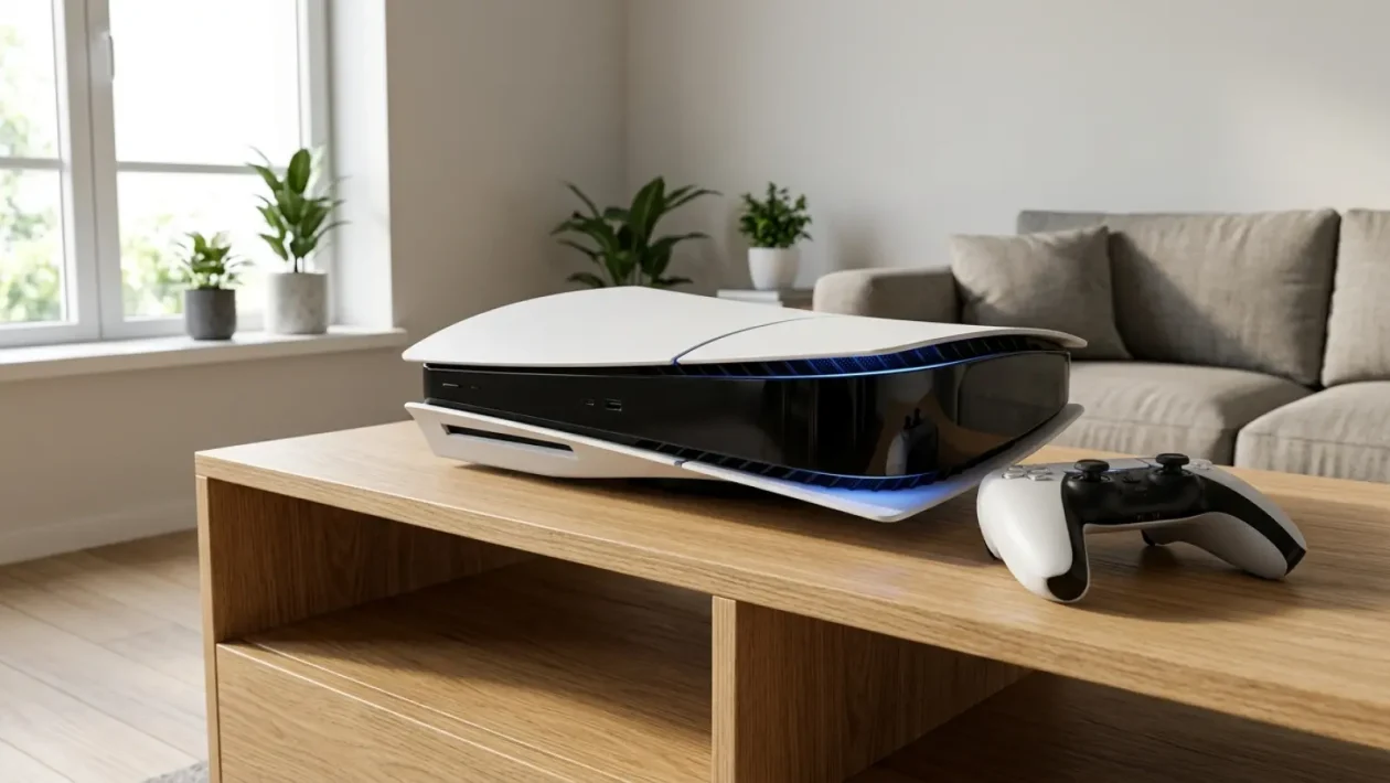 Uusi PS5 Pro konsoli ja ohjain tyylikkäässä valaistuksessa.