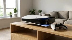 Uusi PS5 Pro konsoli ja ohjain tyylikkäässä valaistuksessa.