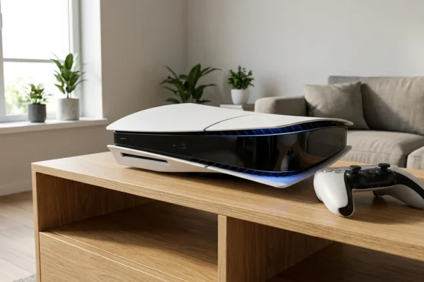 Uusi PS5 Pro konsoli ja ohjain tyylikkäässä valaistuksessa.