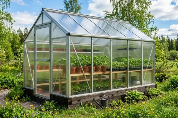 Puuilo kasvihuone asennettuna aurinkoiselle pihalle toukokuussa