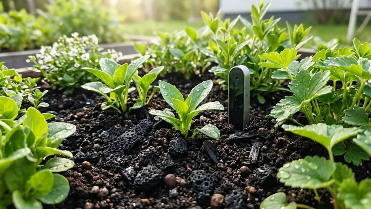 Moderni suomalainen ekopuutarha biohiilellä ja automaatiolla.