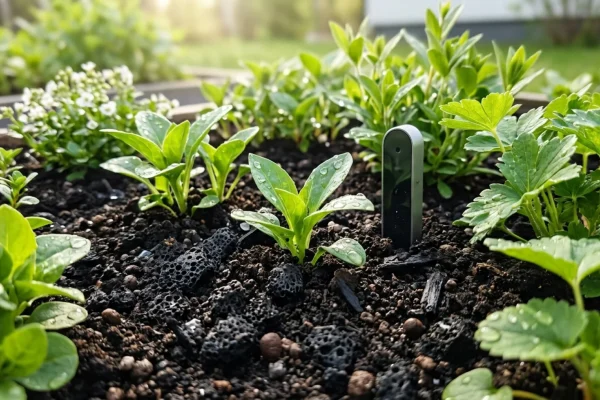 Moderni suomalainen ekopuutarha biohiilellä ja automaatiolla.