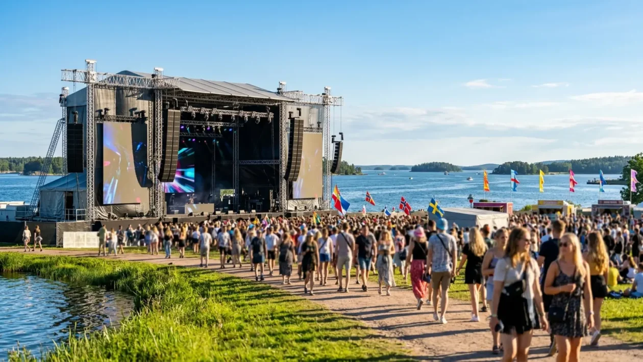 Ruisrock-festivaalin yleisömerta ja lavatunnelmaa Turun Ruissalossa auringonlaskun aikaan.