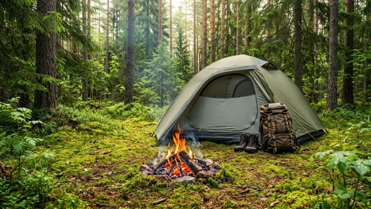Teltta pystytettynä suomalaiseen mäntymetsään järven rannalla ilta-auringossa.